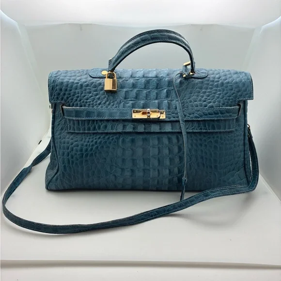 Elegant Blue Crocodile Embossed Leather Birkin Style Handbag Tote - Picture 4 of 8
